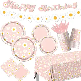 Yuricocy 313038623616 142pcs Daisy Birthday Party Tableware Set Pink Groovy Flower Supplies