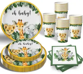 Yuzioey 737311619255 Safari Baby Shower Plates Gold Jungle Animals Decorations For 24 Gue