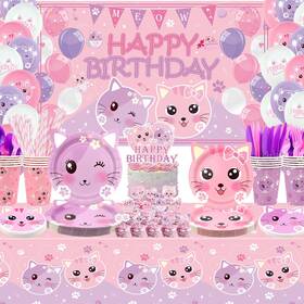 Ywediim T2024122 Cat Birthday Party Supplies Set Kitten Tableware Includes Happy Bac