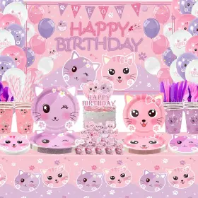 T2024122 Ywediim Cat Birthday Party Supplies Set Kitten Tableware Includes Happy Bac