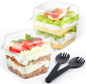 Ze093 Zezzxu 50 Pack 8 Oz Plastic Dessert Cups With Lids And Sporks Square Parfait Cu