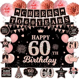 Qq026 Zhaoqizeng Happy 60th Birthday Decorations For Women Rose Gold Cheers To 60 Years Banne