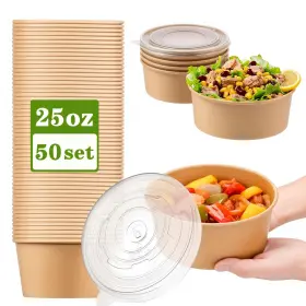 Rxzer23 Zilamgoo 50 Pack Kraft Paper Bowls With Clear Lid 25 Oz Disposable Salad Serving Mi