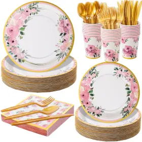 B0chvxjlb7 Ziliny 350 Pcs Floral Disposable Party Tableware Set 50 Guests 9 Inch 7 Plates