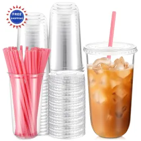 Jne-ziliny-4965 Ziliny 50 Sets Clear Plastic Cups Heart Shaped Pink Straws Lids 20 Oz Disposable