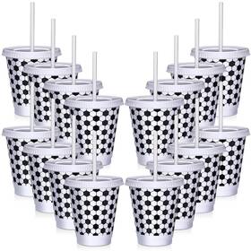 Ziliny Jne-ziliny-543 12 Pcs Soccer Party Cups With Straws And Lids 16 Ounces White Black