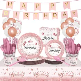006-diy Ziricher 212pcs Pink Rose Gold Plates Napkins Birthday Party Supplies Disposable