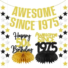 D21401 Zirtorei 50th Birthday Decorations Awesome Since 1975 Gold Glitter Banner For