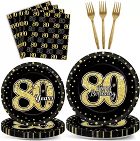 Zoiiwa 692622588501 96 Pcs 80th Birthday Decorations Vintage Party Plates 80 Years Old Paper