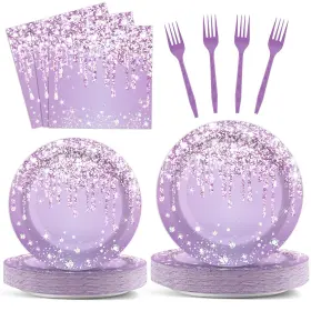 Hx0350 Zoiiwa Purple And Silver Birthday Party Set - Plates Napkins Tableware For 24