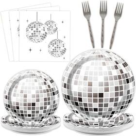 Zoiiwa Jc0008 96 Pieces Disco Party Plates Ball Theme Decorations Silver Cake Pape