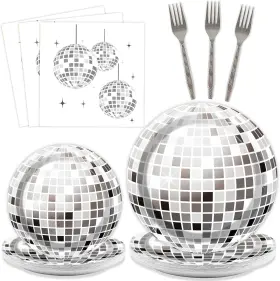 Jc0008 Zoiiwa 96 Pieces Disco Party Plates Ball Theme Decorations Silver Cake Pape