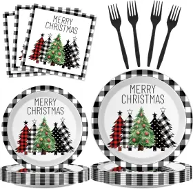 Jc0651 Zoiiwa 96 Pieces Buffalo Plaid Christmas Tree Tableware Set For Party Blac