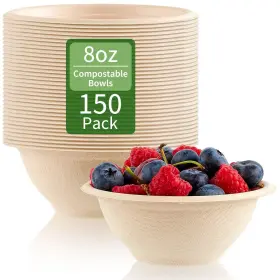 Zorrita 723929952310 150 Pack 8 Oz Paper Bowls Disposable Small Compostable Soup Natural Sugarc