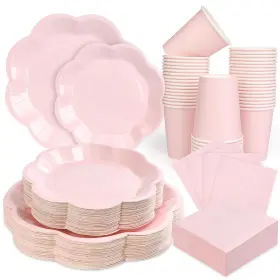 Zuqmzuq 799473432455 250 Pcs Light Pink Paper Plates Napkins Cups Tableware Set For 50 Guests