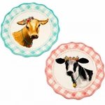 Pioneer Woman Black & Brown Cow Salad Dessert Set Of 2 Plates Pink Blue Gingham Used. Price: $24.99.