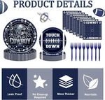 96 Piece Blue Denim American Football Dinnerware Set, Disposable Paper Plate New. Price: $17.49.