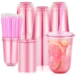Tchrules 100 Set 16OZ Plastic Cups With Lids & Straws Disposable Pink Clear Iced New. Price: $53.78.