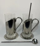 Art Deco Glass Latte Cappuccino Coffee Mugs Cups Stainless Steel Handles Spoons Used. Price: $34.95.