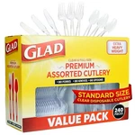Glad 240 Count Clear Plastic Cutlery Set Forks Knives Spoons Party Utensils New. Price: $18.19.