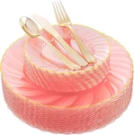 125PIECES Clear Pink Plastic Plates With Gold Rim - Silverware Incl New. Price: $54.99.