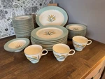 Ceramic Dinner Set Wheat Pattern Blue Rim Shiny Finish Plates Bowls Cups Platter Used. Price: $74.99.