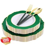 Wdf 30 Guest Green Gold Disposable Plates Silverware Set New. Price: $84.39.