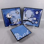 Art Pottery Blue White Oriental Floral Blossom Square Dinner Plate Set Signed Used. Price: $36.80.