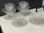 Set 6 Clear Cambridge Glass 3500 Rosepoint Teacups & Saucers Coffee Used. Price: $175.00.