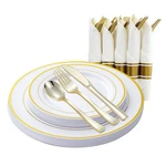 Gold Plastic Plates And Disposable Silverware W/per-rolled Napkins,home Parti... New. Price: $35.74.
