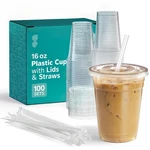 - 16 Oz 100 Sets Clear Plastic Cups With Lids And Straws Disposable Ice... New. Price: $29.44.