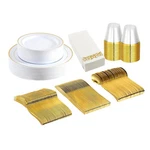 175PCS Gold Plastic Dinnerware Set Plates Cups Cutlery Napkins Party New. Price: $84.99.