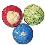 3 Coconut Shell Bowls Decorative Handcrafted Painted Friendly Sun Leaf Used. Price: $18.81.