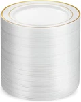 100 Gold Plastic Plates Set, 7 Inch Disposable Dessert White / Rim New. Price: $39.25.
