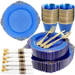 Nervure 175PCS Blue And Gold Plates & Pre Rolled Napkins With Plastic... New. Price: $72.18.