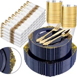 Plastic Plates 350PCS Blue Gold Dinnerware Sets Nervure Guests Navy Rolled New. Price: $104.99.