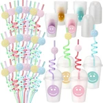 Yaomiao Smile Face Sipper With Straws And Lids, 12 Oz Clear Plastic Cups... New. Price: $48.45.