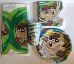 Vintage Hallmark Looney Tunes Taz Party Plates, Cups, Napkins & Tablecloth - New. Price: $24.26.