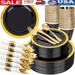 Elegant Black Gold Disposable Plates Baroque Style Party Dinnerware Set 50CT New. Price: $86.62.