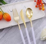 Llsf 96 Pieces Gold Plastic Silverware, Flatware With White Handle, Open. Price: $21.00.
