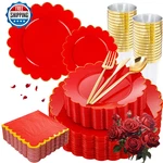 Liyh 210 Pcs Red Plastic Plates - Disposable And Napkins Set, Gold Sc New. Price: $70.37.