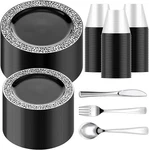 Norme 300 Piece Black & Silver Plastic Dinnerware Set, 100 Plates, (B193) Open. Price: $34.99.
