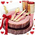 Kire 210PCS Clear Pink Plastic With Gold Rim - Disposable Platess... New. Price: $71.63.