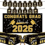 Graduation Decorations 2026 - Black Gold Congrats Banner Backdrop Tableclot New. Price: $17.99.