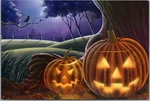 Halloween-themed Oriental City Pub. 4X6 Postcard Jack O'lanterns / Owl In Tree Used. Price: $6.31.