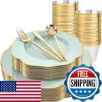 Bucla 180PCS Green Plastic Plates - Disposable Sage Gold Rim Include 30 New. Price: $77.84.