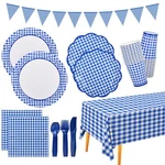 Gingham Blue And White Party Supplies Disposable Paper Plates Napkins Cups Knive New. Price: $36.73.