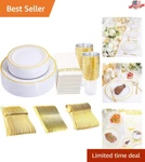 350-PIECE White & Gold Disposable Dinnerware Set For Guests Elegant Design New. Price: $66.02.