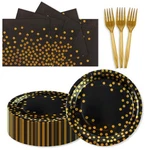 150PCS Paper Plates And Napkins Set - Black Gold Dot Disposable Party Din.... Price: $30.34.