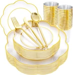 Ejonirinjonir Ei 180PCS Clear Plastic Plates With Gold Silverware, New. Price: $65.50.